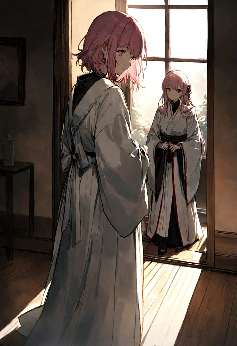 /Imagine Prompt: The elder laughs heartily, woman with pink hair、Stand next to two young women. The two women smile、Serving a holy man in fine robes. The room is filled with a peaceful and calm atmosphere., Sunlight streaming through the window, Casts warm light and shadow throughout the room. ,32k, Highest quality, masterpiece, Super detailed, Attention to detail, by Makoto Shinkai ,Star Style Art Group Star Star, --Rainbow 5"