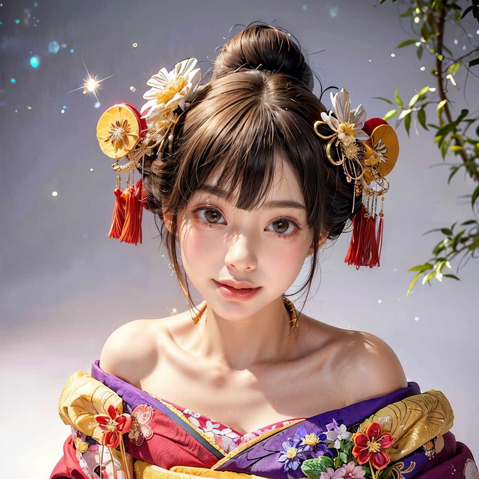 (PUNIPUNI offshoulder KIMONO offshoulder KANZASHI flowers Hairpin Twin bun Oiran-Hair)High-level, 8K Masterpiece TopQuality, Ultra-detailed CG, Absurd detailed wallpaper, PerfectLighting, Extremely detailed (((Personifying " Oiran " as a KAWAII Girl))), Characteristic Items, aesthetic LifeLike Rendering, MysticSight, Haze Tyndall Scattering, (Studio GRAY Background with (Oodles Dazzling Iridescent Particles (bokeh))), (((Assfocus)) RoundlyButt) ThighGap, (Exposed:0.44) 🔞 BREAK (Acutance:0.8), (NOGIZAKA FaceVariations) Extremely Detailed very KAWAII FaceVariations, Childish CaptivatingGaze ElaboratePupils Detailed Eyes with (SparklingHighlights:1.28), (Voluminous LongEyelashes:0.88)、Glossy RedLips with beautiful details, CoquettishTongue, RosyCheeks, Radiant PearlSkin with Transparency, Glowing DowneyHair . { (Dynamic LifeLike expressions:1.4) | (:d) }, (large eyes:-1) .