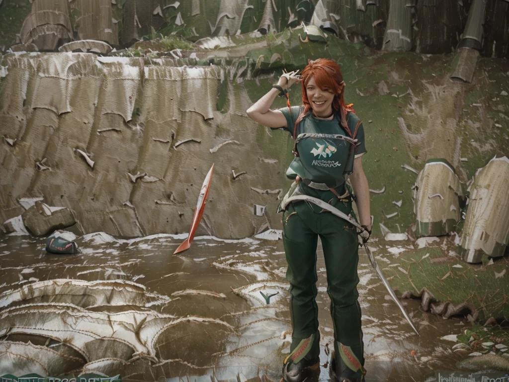 (((waterfall and Poole))) from 35 feet high Irish (((Vibrant red hair Laughing girl))) "She's very tall Hands and arms spread over her head in triumph ,In a Hiking pants, and top in the colour of Brown khaki Gear," (((Standing knee high walter with white little dog. Give this picture an Irish feel of an Irish countryside, (Knee high in water at the bottom of the waterfall,) Irish flag on her t shirt(((Wearing hiking boots trousers on top and hiking knife)))