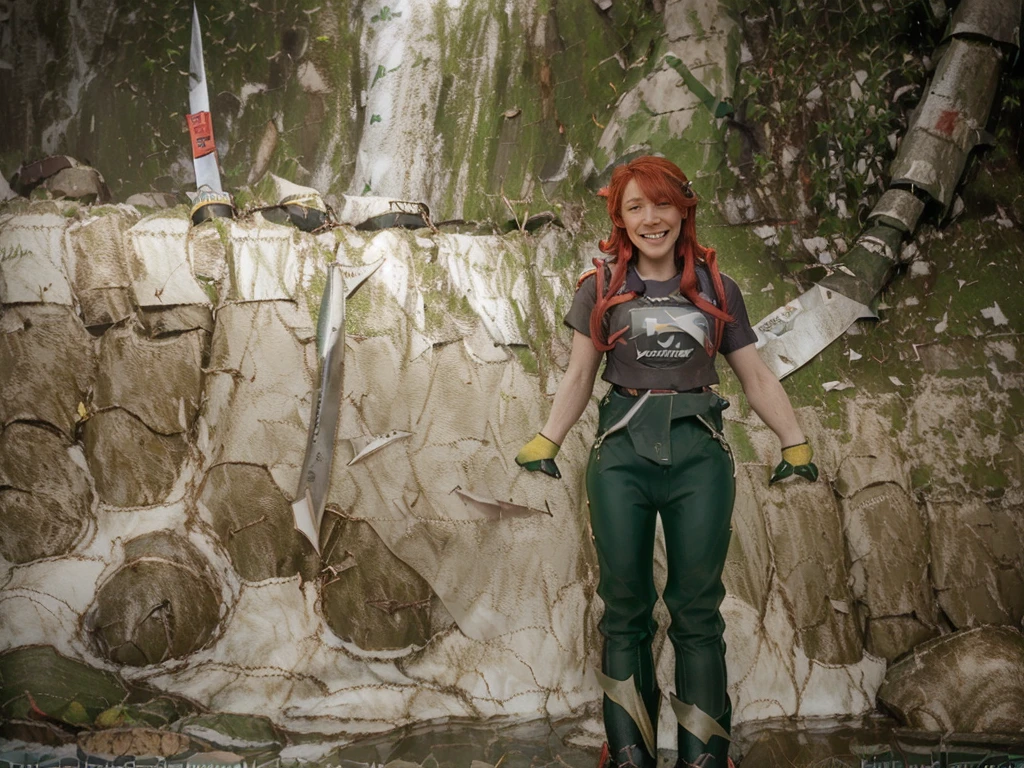 (((waterfall and Poole))) from 35 feet high Irish (((Vibrant red hair Laughing girl))) "She's very tall Hands and arms spread over her head in triumph ,In a Hiking pants, and top in the colour of Brown khaki Gear," (((Standing knee high walter with white little dog. Give this picture an Irish feel of an Irish countryside, (Knee high in water at the bottom of the waterfall,) Irish flag on her t shirt(((Wearing hiking boots trousers on top and hiking knife)))