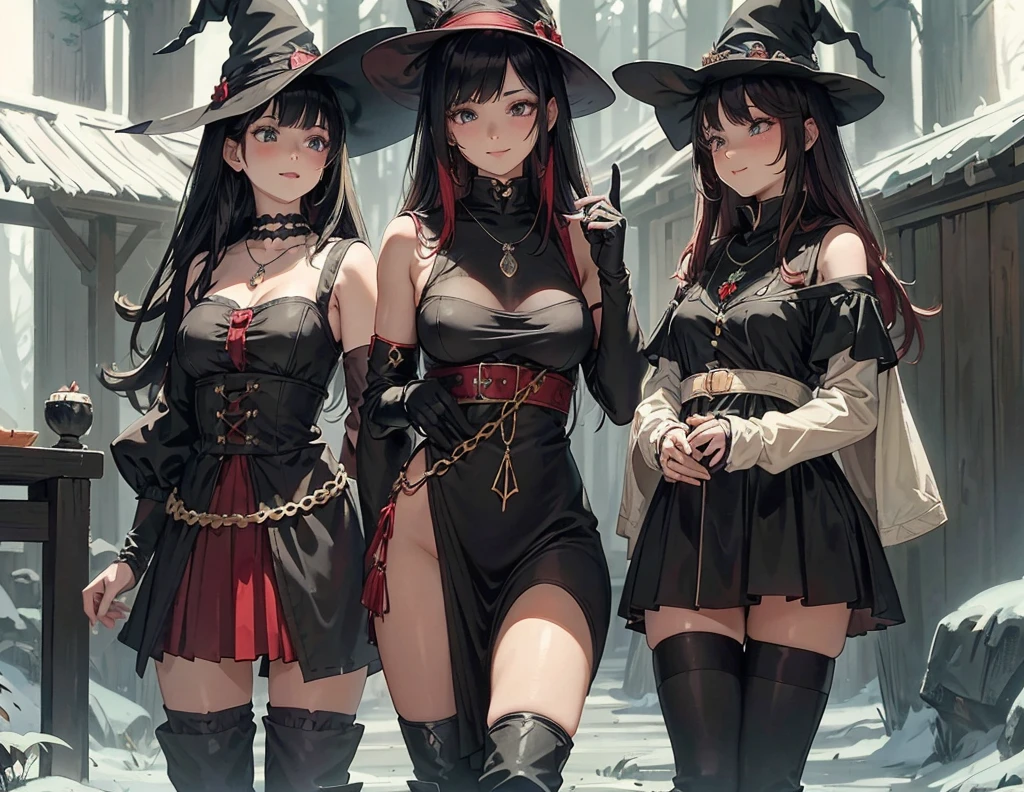 a group of beautiful witch girls in the middle of a forest in the night, standing girl young girl, gloves, elbow pads, boots, smiles, witch hat , small breasts, short black dress, necklaces, jewelry decorations , black red hair , red hair , black hair , blonde hair, blue eyes, full body,
