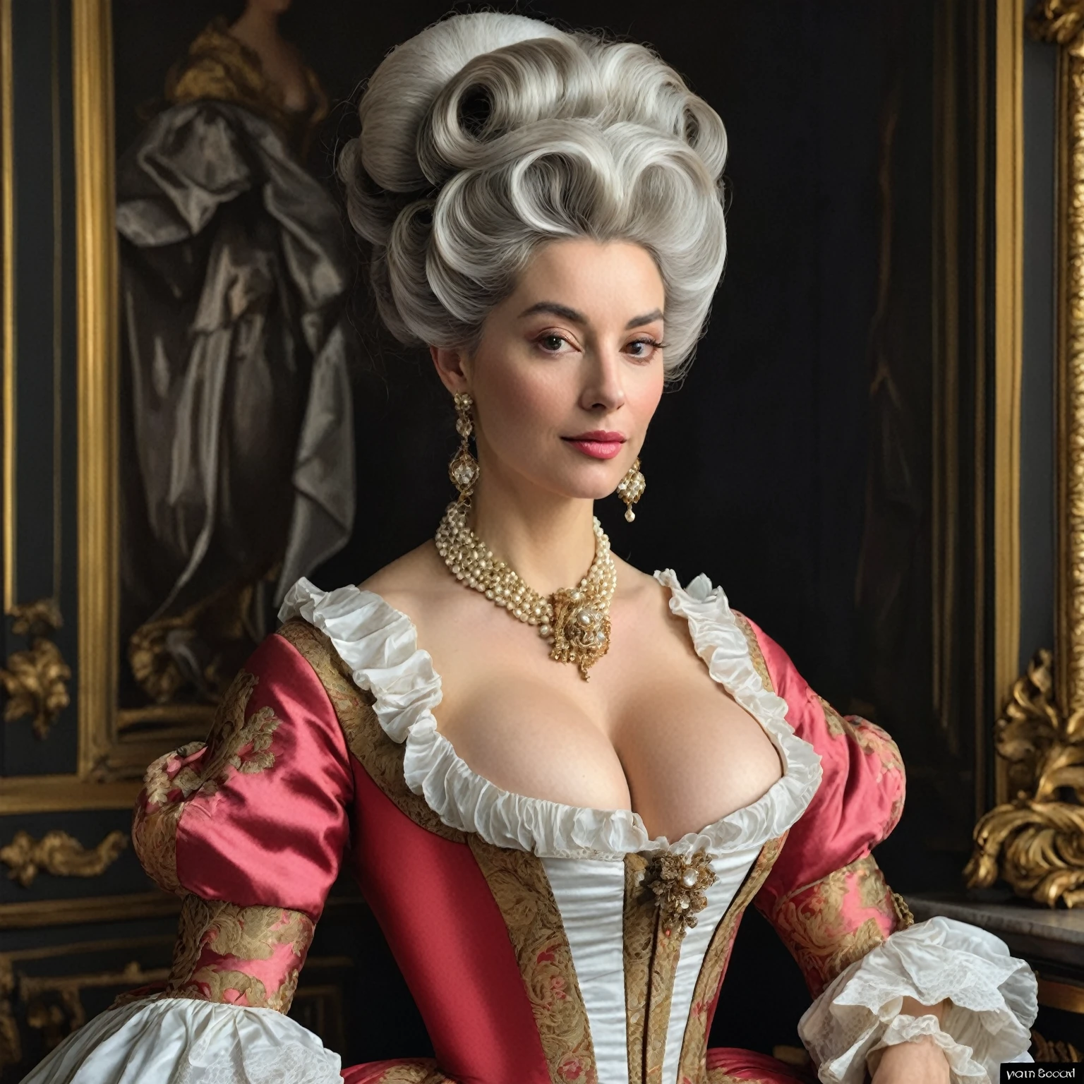 araffe woman in a red and gold dress with a large breast, rococo queen, rococo style portrait, rococo portrait, inspired by Jean-Baptiste van Loo, inspired by Louis Le Nain, # rococo, dress in the style of rococo, rococo fashion, 1 7 th century duchess, rococo art, rococo