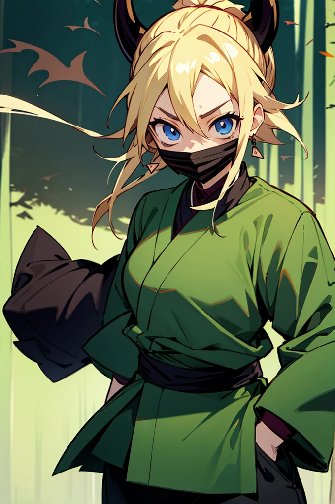 demon slayer outfit, female, blonde hair,ninja mask cover mouth, forest background, blue eyes, has kunais on their hip, facing towards camera, arms in pockets