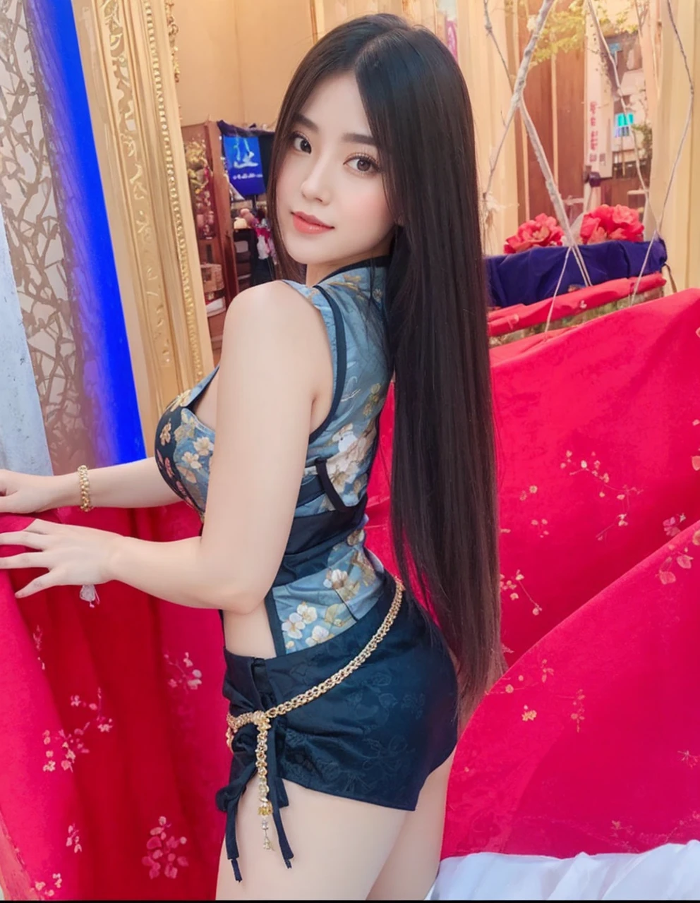 a beauty girl ,wear gorgeous hanfu, Chinese style buildings, landscape