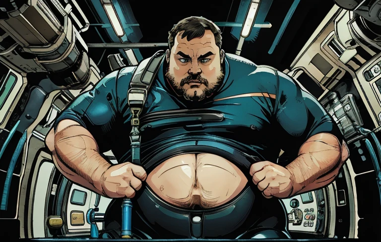 The captain of the astronauts is a plump, chubby man, extremely thick thighs, a large belly, fat. Passing inside the spaceship laboratory , he checks an analysis under the microscope. His arms are holding digital analysis devices. He wears a spacesuit.