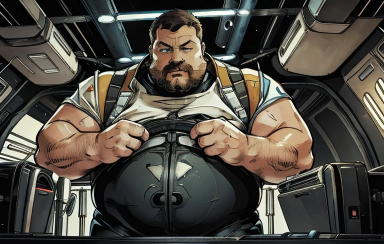 The captain of the astronauts is a plump, chubby man, extremely thick thighs, a large belly, fat. Passing inside the spaceship laboratory , he checks an analysis under the microscope. His arms are holding digital analysis devices. He wears a spacesuit.