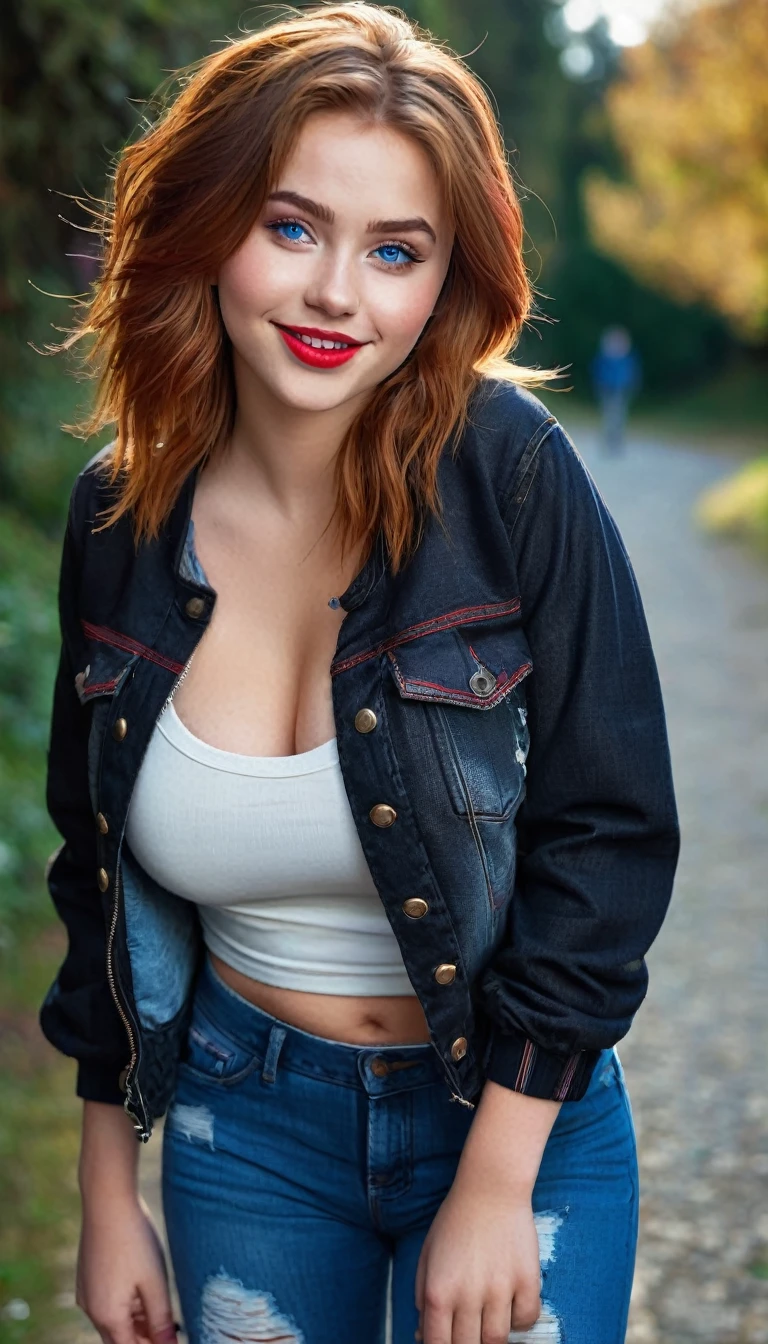 ultrarealistic high quality full body photo of a beautiful super busty slim european 19-year-old woman with cute hyperdetailed shy face and redhead shoulder length messy hair and shy smile, realistic round blue eyes, red lips, dark eye makeup with eyeliner, tight shirt with sweat-jacket and denim pants, hourglass body, tanned, outdoor photography