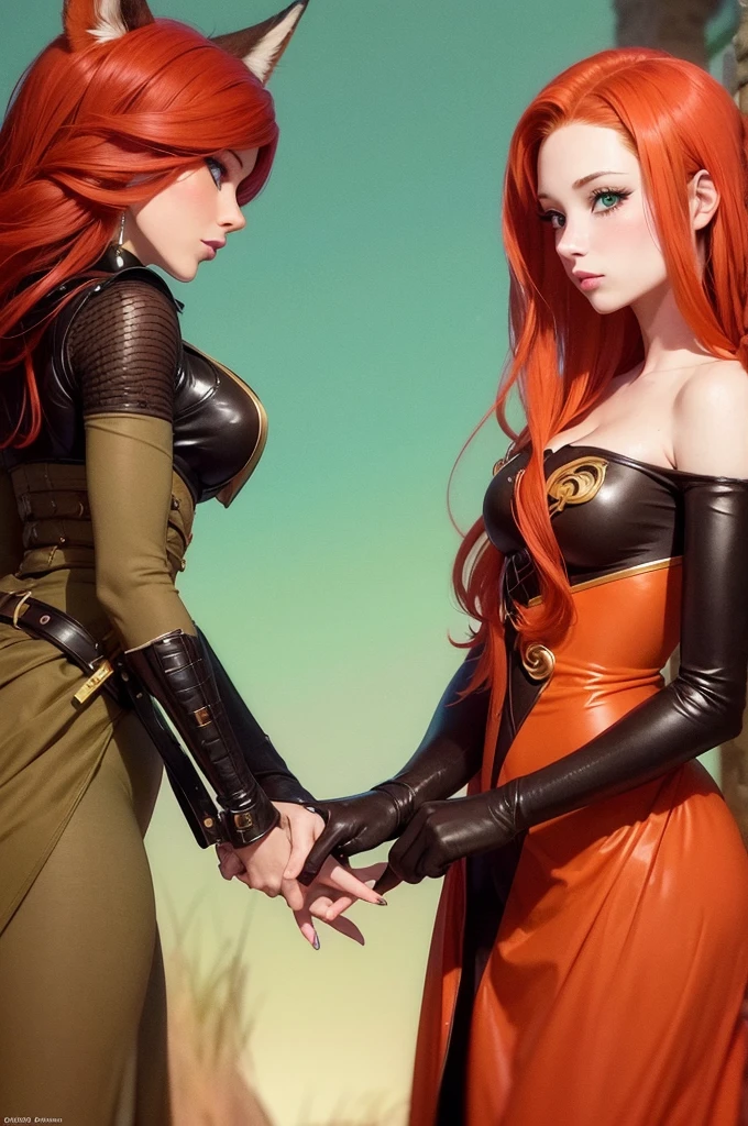 a close up of a woman with red hair and a fox, a beautiful fox lady, foxgirl, orange skin and long fiery hair, green eyes, magali villeneuve', graphic artist magali villeneuve, ginger hair and fur, inspired by Magali Villeneuve, in style of anne stokes, red haired goddess, fantasy fox love, fire hair, by Galen Dara
