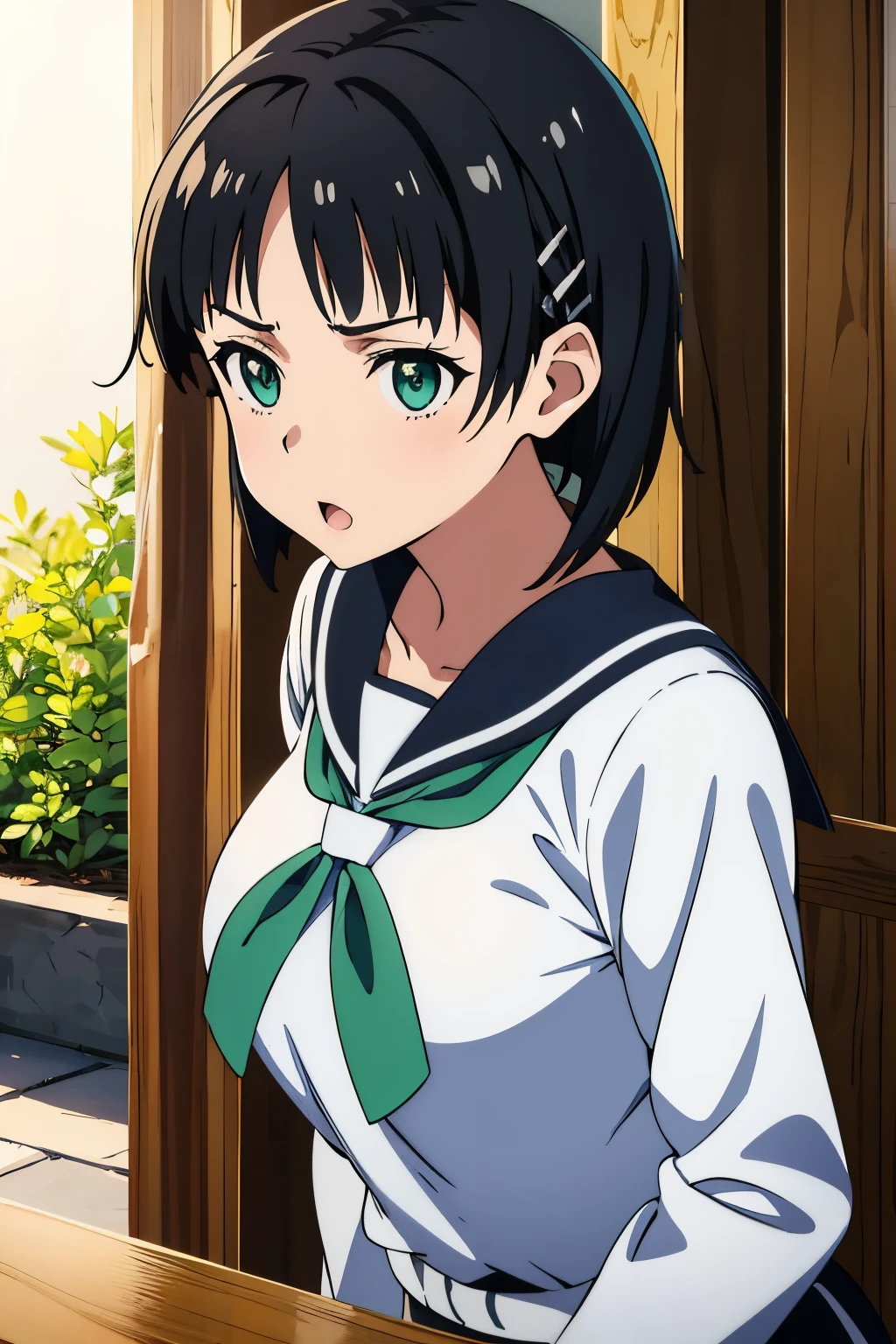 Very large , Sailor , Kirigaya Naoha(Sword Art Online), One girl, Bob Hair, Black Hair, Hair Clip, masterpiece, Green Eyes, Highest quality, Sexy、School、Dynamic Angle, View with camera, Half Body, Open your mouth,