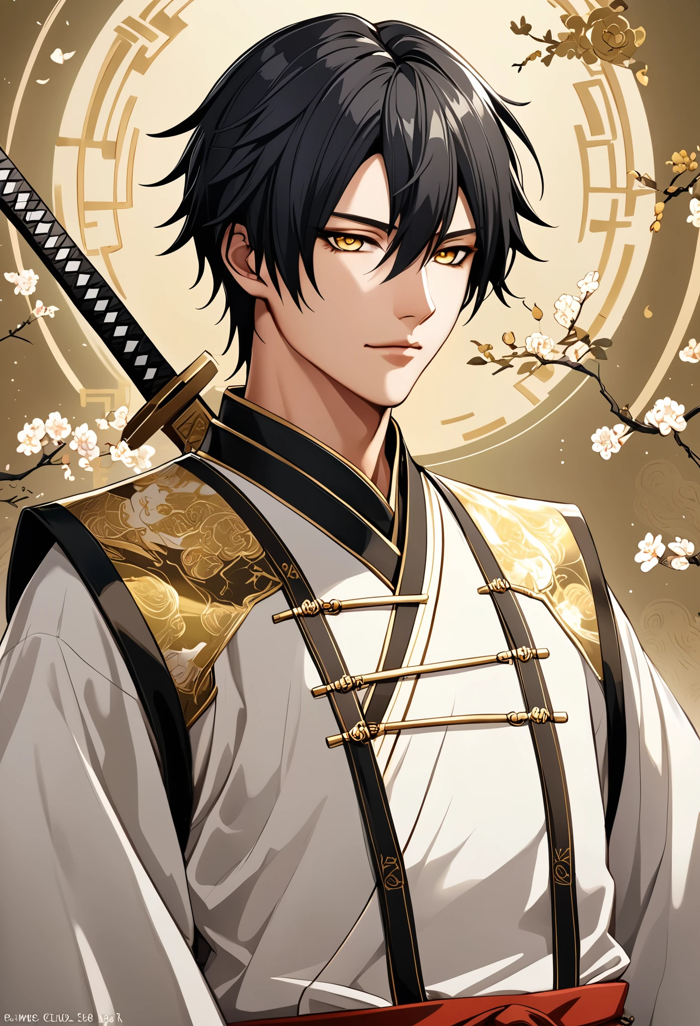 ((Highest quality)), ((masterpiece)), (detailed), ((Perfect Face))、noah, boy, Black Hair、Golden Eyes、 He was wearing a presenter-style outfit, mainly white...、Sword in hand。chinese style clothing、Contains intricate patterns and textures。 The color scheme is based on white and gold...、キャラクターのdetailedな陰影、chinese style clothing 背景: The background has the atmosphere of a wilderness battlefield.、キャラクターのdetailedを強調するように設計。 Anime Style、Characterized by delicate lines and soft shadows.。Realistic yet stylish.、Subtle gradients and textures are used。 The characters exude a calm and relaxed atmosphere...、It gives a slightly mysterious and fantastical impression...。