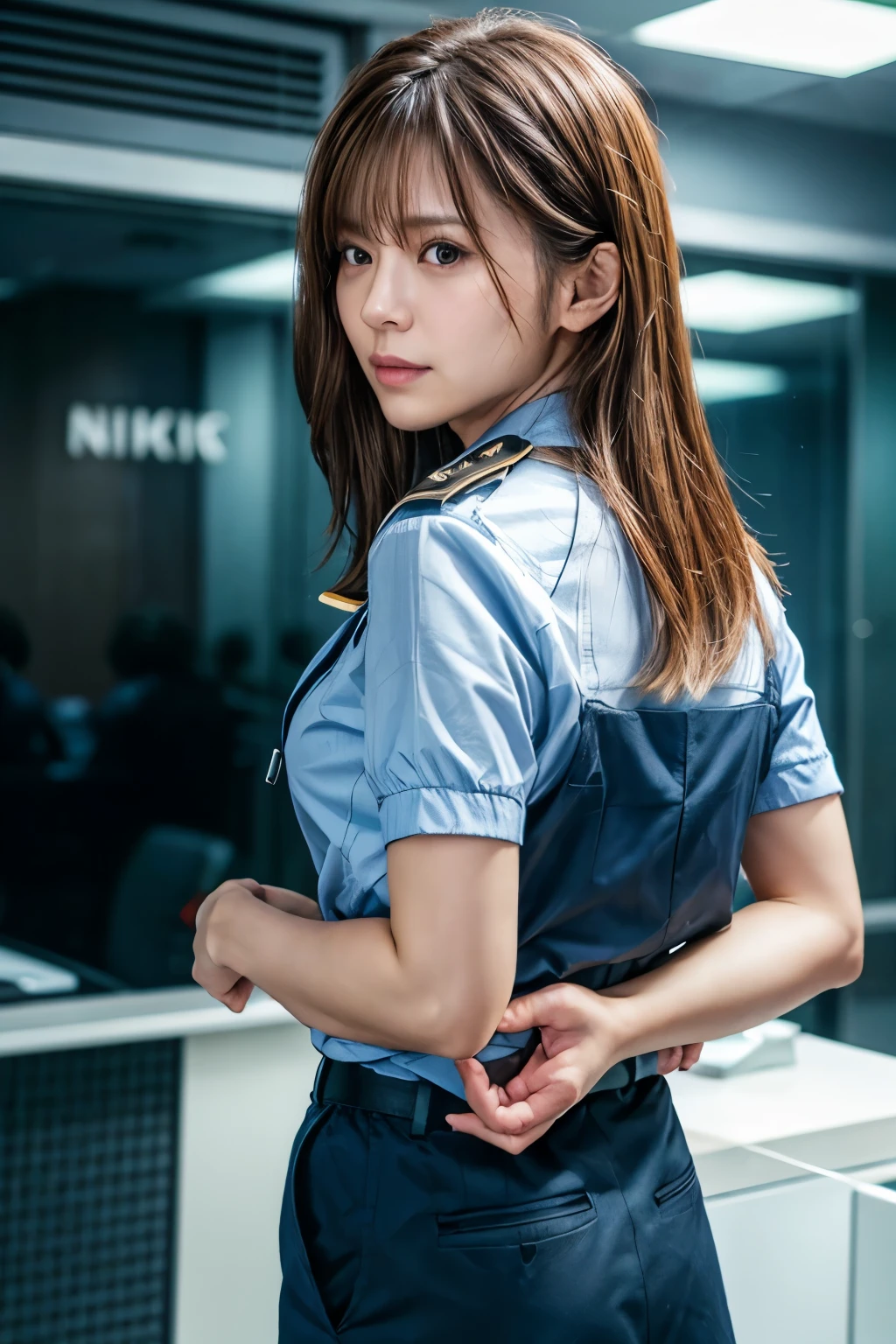 A female bank employee being held hostage after being attacked by a robber５people、All of them have their hands tied behind their backs with rope、Are standing、Wearing a bank uniform、Age 25、美people、Well-formed face、Medium build、, light brown hair, straight hair, swept bangs, Surrealism, cinematic lighting, tachi-e, Nikon, Wide-Angle, uhd, anatomically correct, textured skin, best quality, highres, 8K, anatomically correct