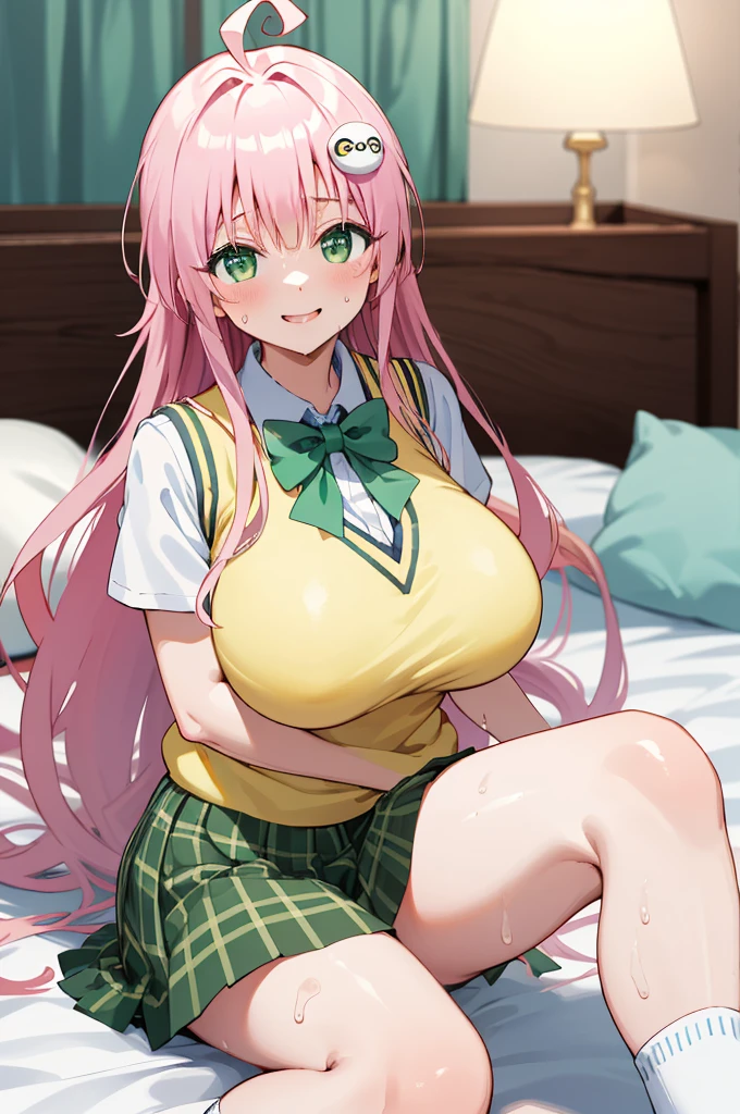 masterpiece, best quality, highres, aalala, long hair, ahoge, hair ornament, green eyes, breasts, , green bowtie, collared shirt, white shirt, sweater vest, yellow vest, short sleeves, plaid skirt, green skirt, (((huge breasts))), on bed,,looking viewer,socks,sweating,smile