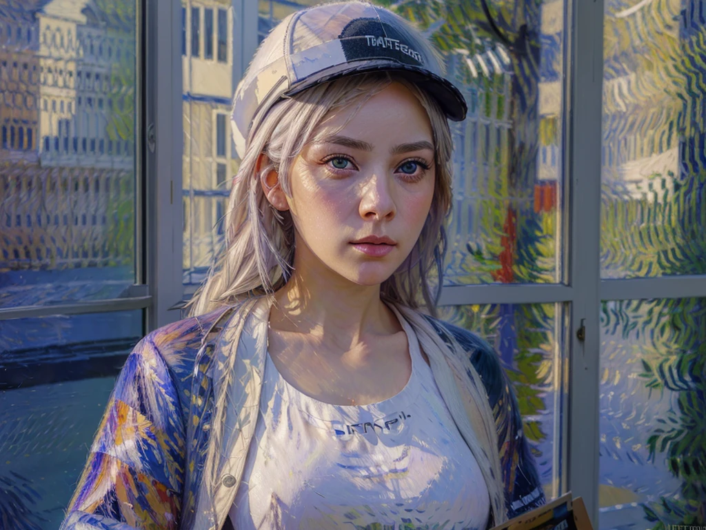 masterpiece, best quality, 4k, UHD, mishoujo, painting, beautiful eyes and detailed face, illustration, beautiful detailed, high resolution illustration, glowing_white_particles, 1girl, white hair, light purple eye, hair over one eye, short sidetail, baseball cap,expressionless, window shade, black jacket, chest rig, cyberpunk, techwear,(Impressionism:1.4)