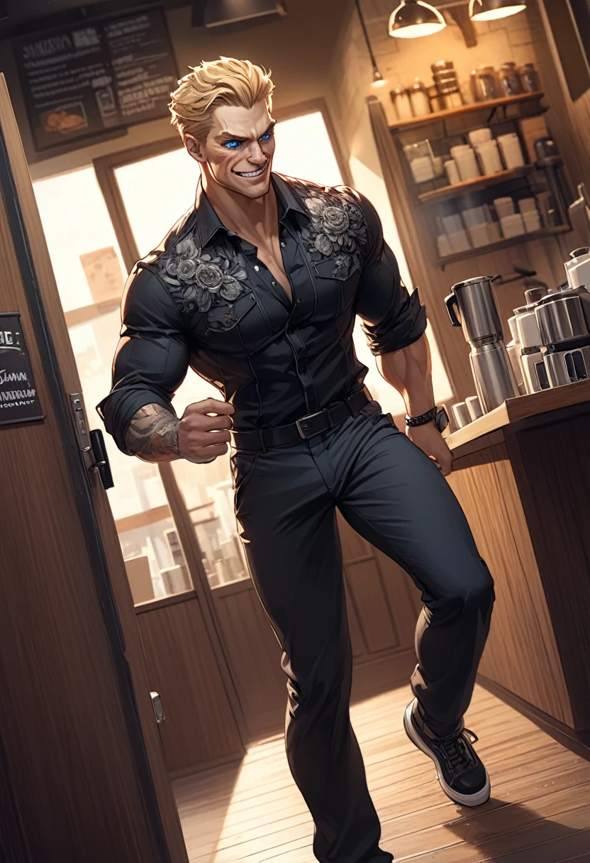 detailed illustration ,dynamic angle, ultra-detailed, detailed eyes, detailed face, 1man, blonde, tall, blue eyes, door, walking in, coffee shop, smirk, malicious, strong, russian, tough