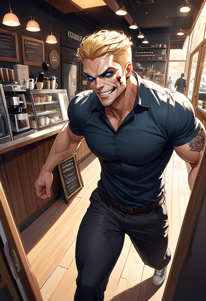 detailed illustration ,dynamic angle, ultra-detailed, detailed eyes, detailed face, 1man, blonde, tall, blue eyes, door, walking in, coffee shop, smirk, malicious, strong, russian, tough