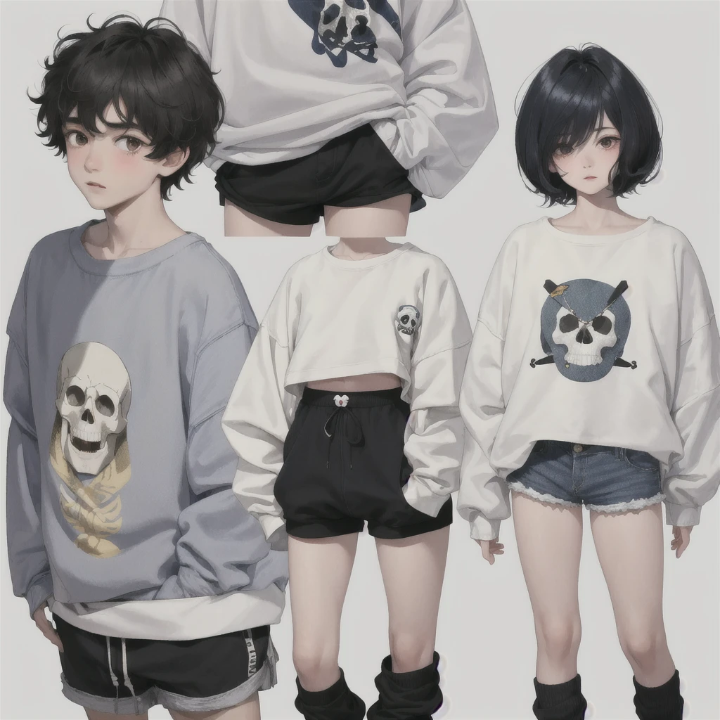 A boy with short hair, bangs that cover the eyes, fluffly, and blushed, de , with a big, baggy sweatshirt with a skull print, wearing short shorts, and an effeminate male body with black, dark blue hair, cor da pele, pale white