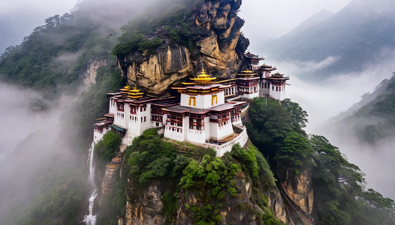 buddhist monastery, in a mountainous area, viewed from the top, on a foggy day