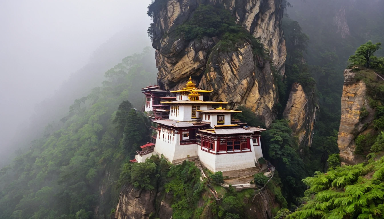 buddhist monastery, in a mountainous area, viewed from the top, on a foggy day
