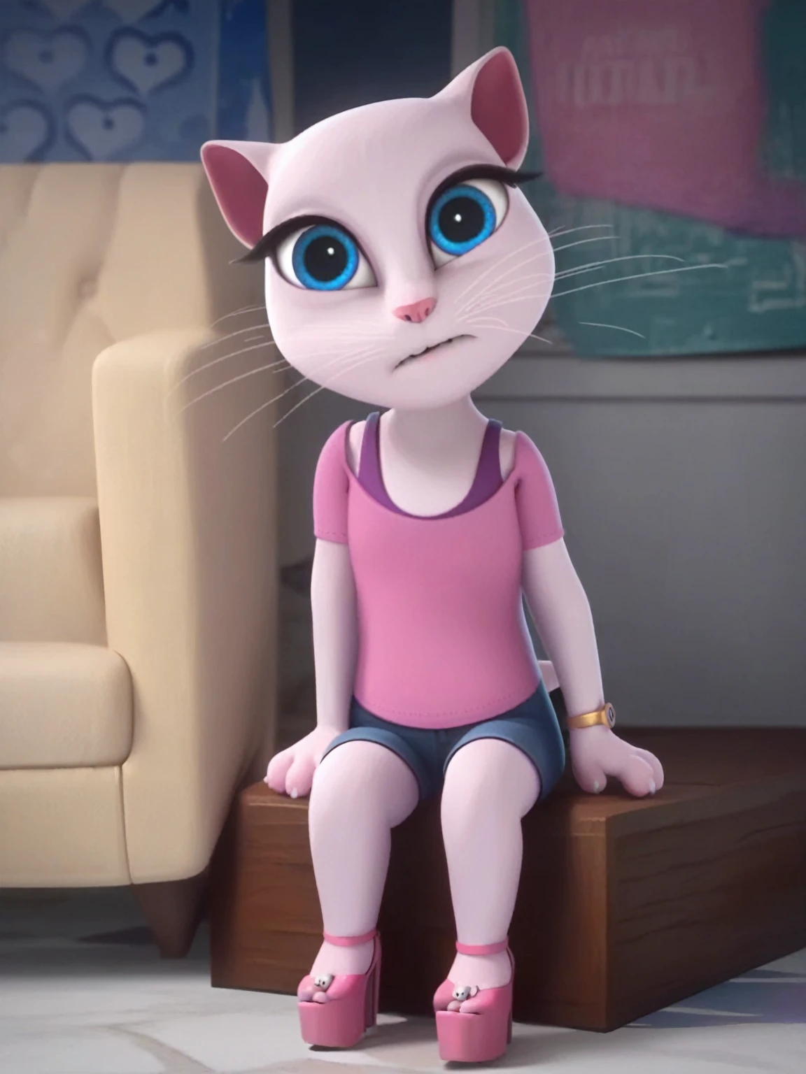 solo focus, a_la, 1girl, cat, white fur, long whiskers on both sides of the face, big bright blue eyes, big black eyelashes, small pink nose, triangular ears with pink channels, small breasts, looking at the viewer, sitting on penis, front view, fuck with legs together, platform high heels, score_9, score_8_up, score_7_up