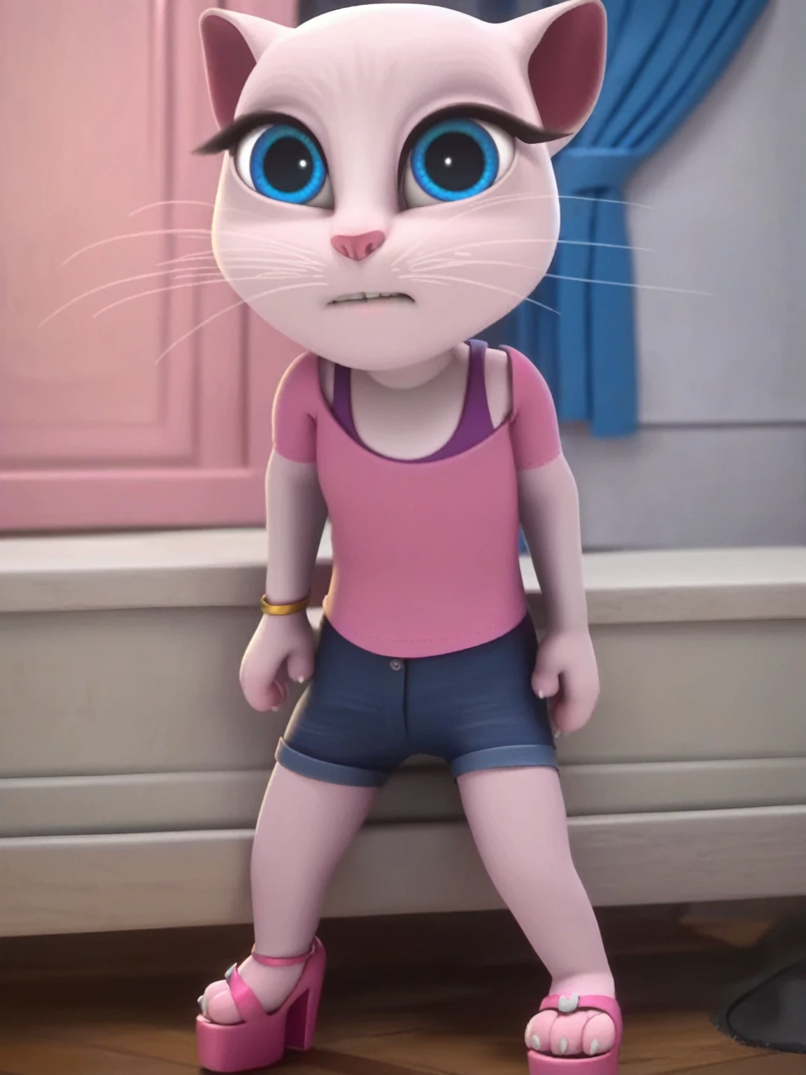 solo focus, a_la, 1girl, cat, white fur, long whiskers on both sides of the face, big bright blue eyes, big black eyelashes, small pink nose, triangular ears with pink channels, small breasts, looking at the viewer, sitting on penis, front view, fuck with legs together, platform high heels, score_9, score_8_up, score_7_up