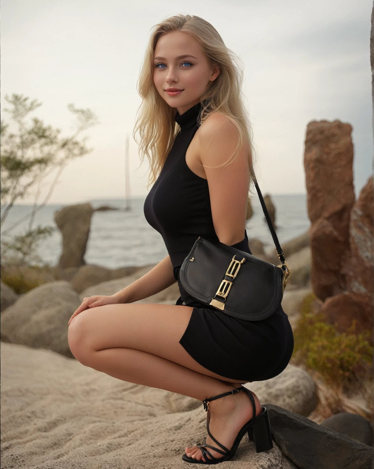Realistic Incredibly Beautiful 25 Year Old Swedish Woman with Long Blonde Hair, beautiful blue eyes and a perfect body from head to toe, she is incredibly beautiful, she radiates pure beauty, His blue eyes are hypnotic photorealistic, Top detail, beautiful curves, beautiful blonde hair, hyper realistic elegant style, posing like a supermodel, sitting on a giant rock on the beach, whole body, full y teeess, smiling, kissed by the sun, showing big booty, and they are showing