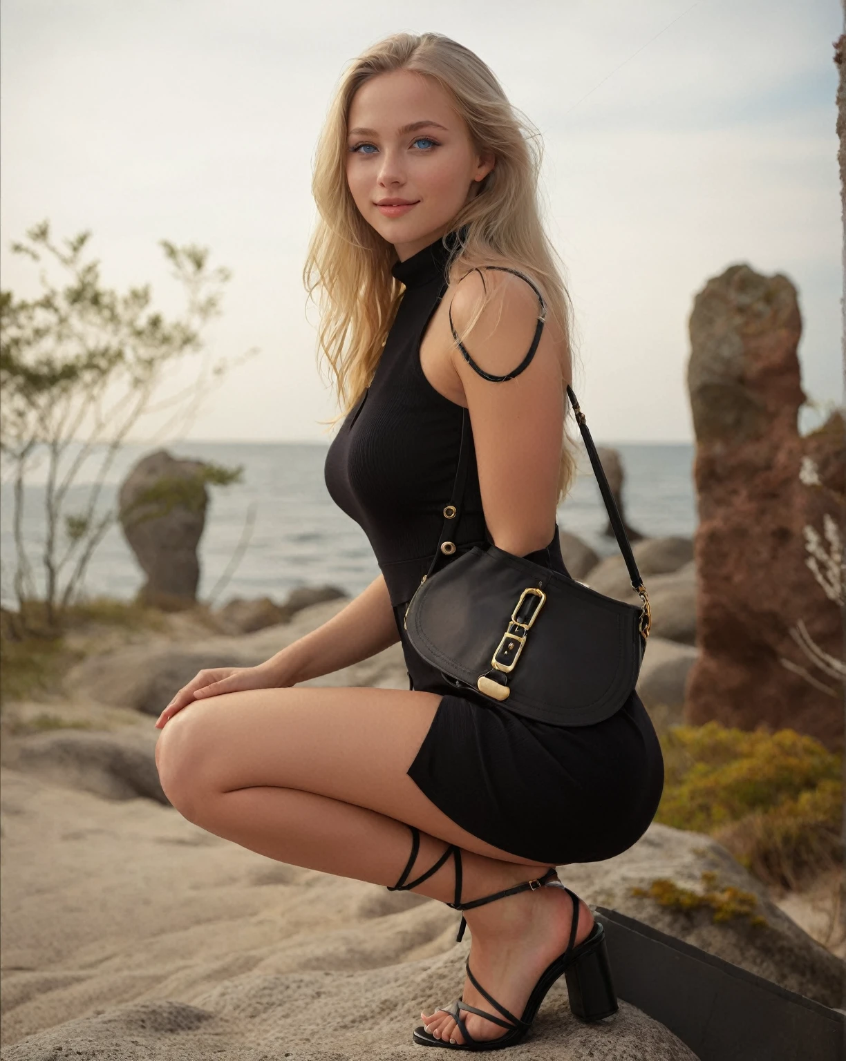Realistic Incredibly Beautiful 25 Year Old Swedish Woman with Long Blonde Hair, beautiful blue eyes and a perfect body from head to toe, she is incredibly beautiful, she radiates pure beauty, His blue eyes are hypnotic photorealistic, Top detail, beautiful curves, beautiful blonde hair, hyper realistic elegant style, posing like a supermodel, sitting on a giant rock on the beach, whole body, full sexy teen dress, smiling, kissed by the sun, showing big booty, and they are showing