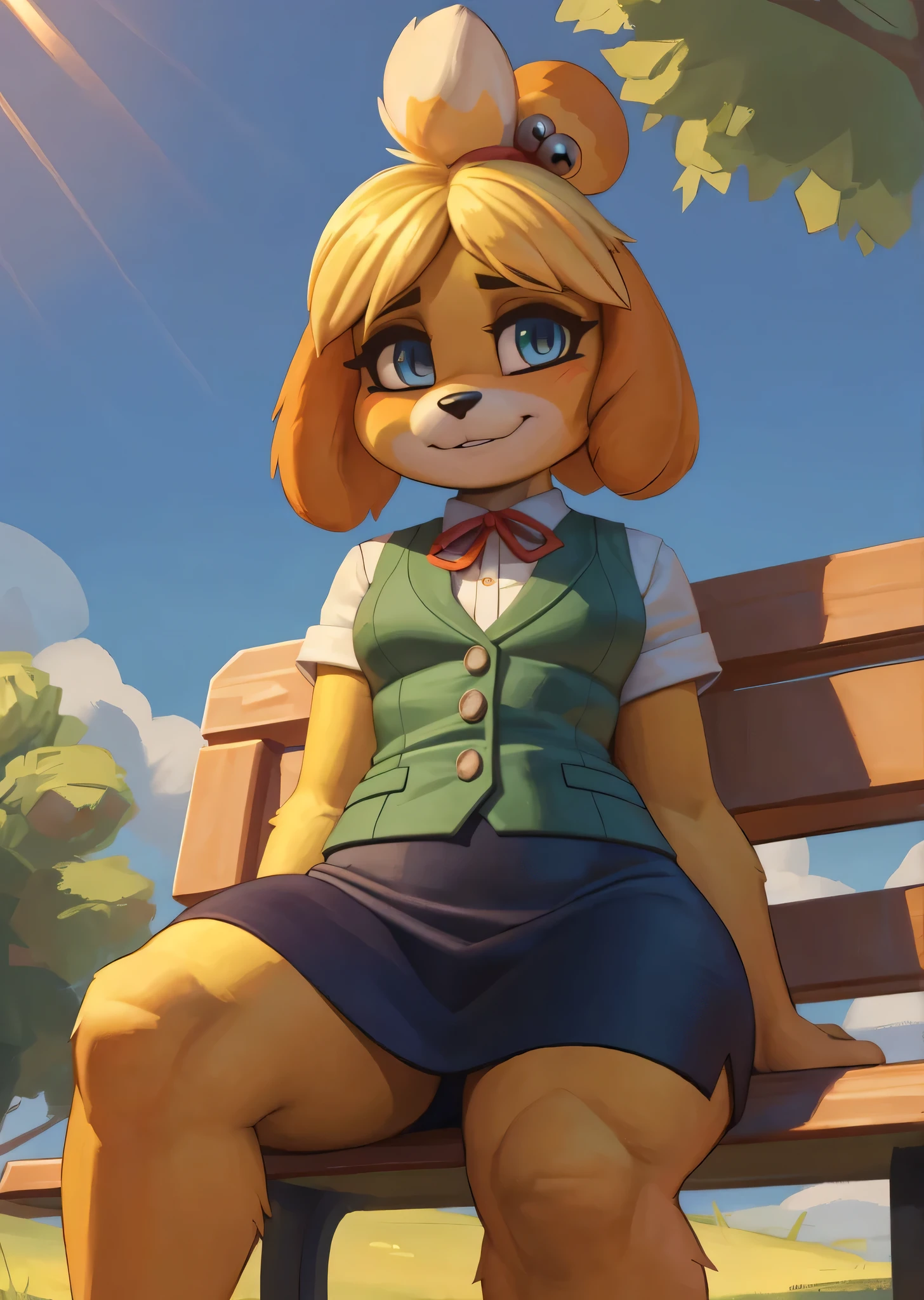 [isaCrossing], [Isabelle], [Animal Crossing], [Uploaded to e621.net; (Pixelsketcher), (wamudraws)], ((masterpiece)), ((HD)), ((high res)), ((solo portrait)), ((full body)), ((low angle view)), ((furry; anthro)), ((detailed fur)), ((detailed shading)), ((beautiful render art)), {anthro; (slim figure), yellow fur, black nose, (cute blue eyes), (blonde hair), (bells in hair), topknot, fluffy tail, (curvy hips), (beautiful legs), (blushing), (cute smile)}, {(red ribbon in hair), (short green vest), (navy blue pencil skirt), (brown loafers)}, {(sitting on bench), (hands in lap), (nervous demeanor), (looking at viewer)}, [background; (park), (grass plains), (beaten path), (blue sky), (sun rays), (ambient lighting)]