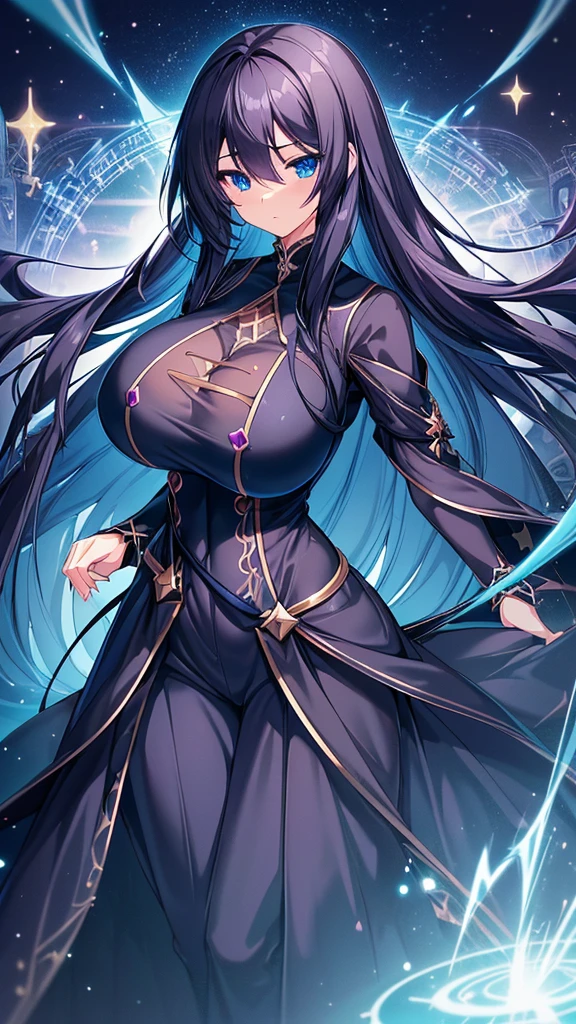 best quality, extremely detailed, anime style adult 1girl, long hair down to the waist, straight hair, ((dark black hair with bluish)), beautiful detailed eyes, pinched eyes, dark blue eyes, huge breasts,curvy, ((((magical dress)))),((trousers)),((mysterious item in mysterious place)),dynamic pose,magic square,game cg,