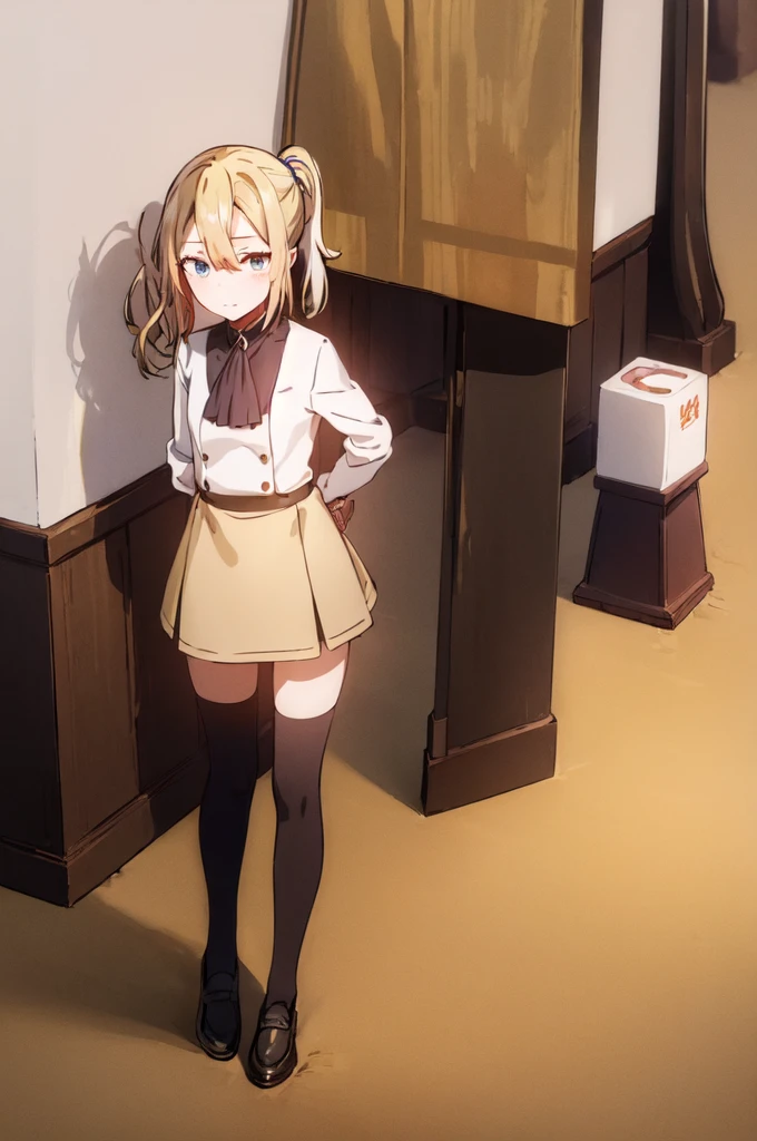 best quality, (masterpiece:1.2), detailed,
1girl, 独奏, expresionless, closed mouth,
blonde hair, blue eyes, side ponytail, scrunchie,
, looking at the viewer,window cowboy shot、Micro Mini Skirt、Black knee-high socks、loafers、Foot fetish、Leg fetish、Are standing、in, (((1 personの女の子))),(((一人in))),(((1 person))).loafers、Black socks、女の子1 person, whole body,(look up:1.4) alley, inquiry, Talk to your audience、Are Are standing、,