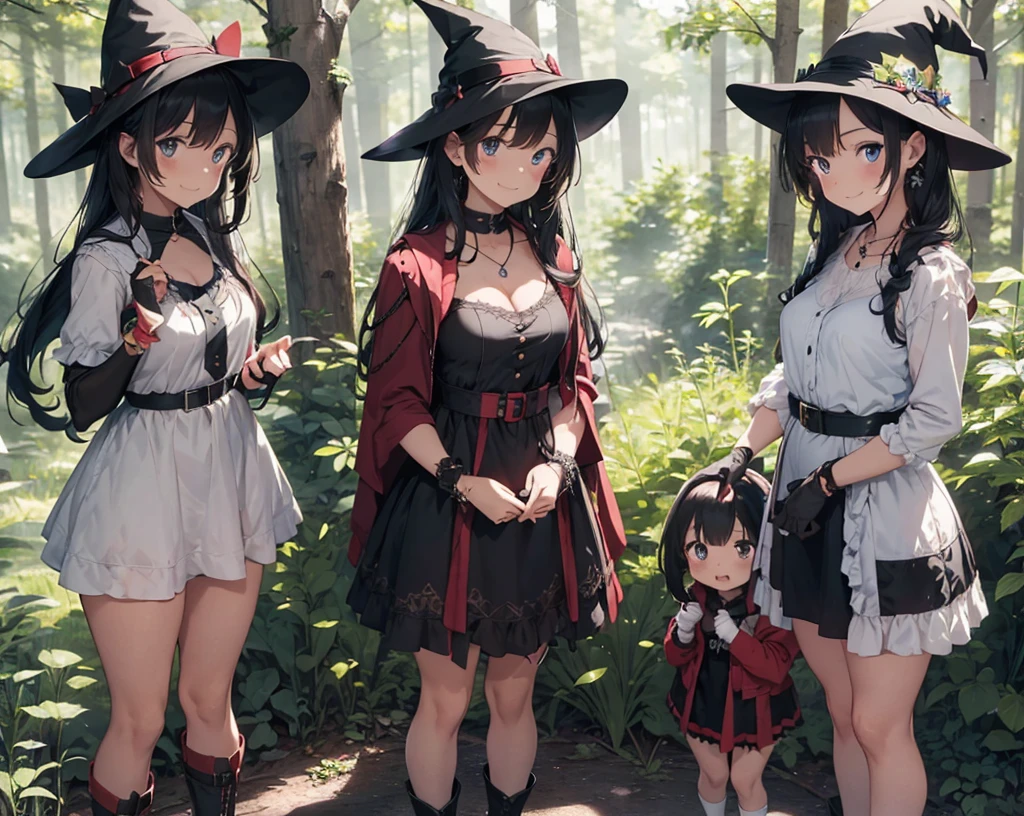 a group of beautiful witch girls in the middle of a forest in the night, standing girl young girl, gloves, elbow pads, boots, smiles, witch hat , small breasts, short black dress, necklaces, jewelry decorations , black red hair , red hair , black hair , blonde hair, blue eyes, full body,