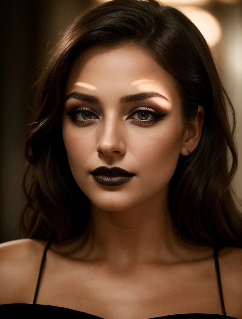 cinematic film still (aesthetic:1.2) Hyper Detailed, soft-lit (dramatic:0.9) head and shoulders portrait of a stunning (beautiful:1.1) lady. Her face adorned , that effortlessly blend into her flawless skin. She wears mysterious (dark makeup:1.3) that accentuates her eyes The expertly captured photograph showcases intricate details, inviting the viewer to delve deeper into her captivating beauty. Ideal for a striking (cover:1.1) image. . shallow depth of field, vignette, highly detailed, high budget, bokeh, cinemascope, moody, epic, gorgeous, film grain, grainy