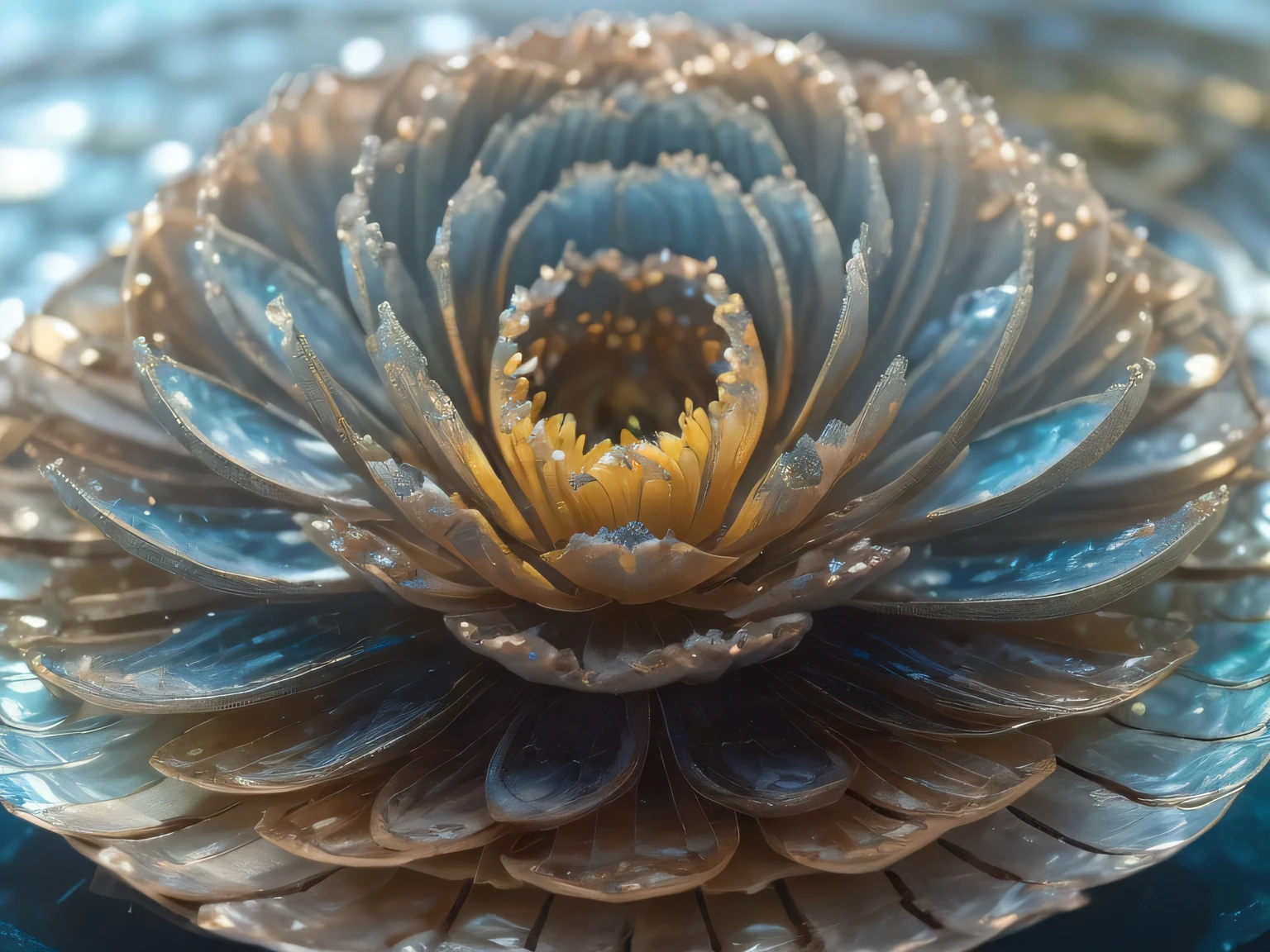 (Titanium Alloy Lotus), Metallic daisy flowers、The petals are falling down,It is a deep blue color.,Like the night sky and the deep sea,Glamorous gold and blue sparkle,Lotus leaf with black and gold inlay border,The edges of the petals are brushed metal, (A large dewdrop is about to fall from the edge of the petal),Rich metallic texture,Transparent dew,Golden Lotus,golden sunflower, Flowers and gold, beautiful flower,Complex flowers, Messy golden leaf flower, 16K,Rococo elements, capture light and shadow,people々Gives a beautiful spirit of strength and kindness to , background:Partial underwater reflection、Improving fortune