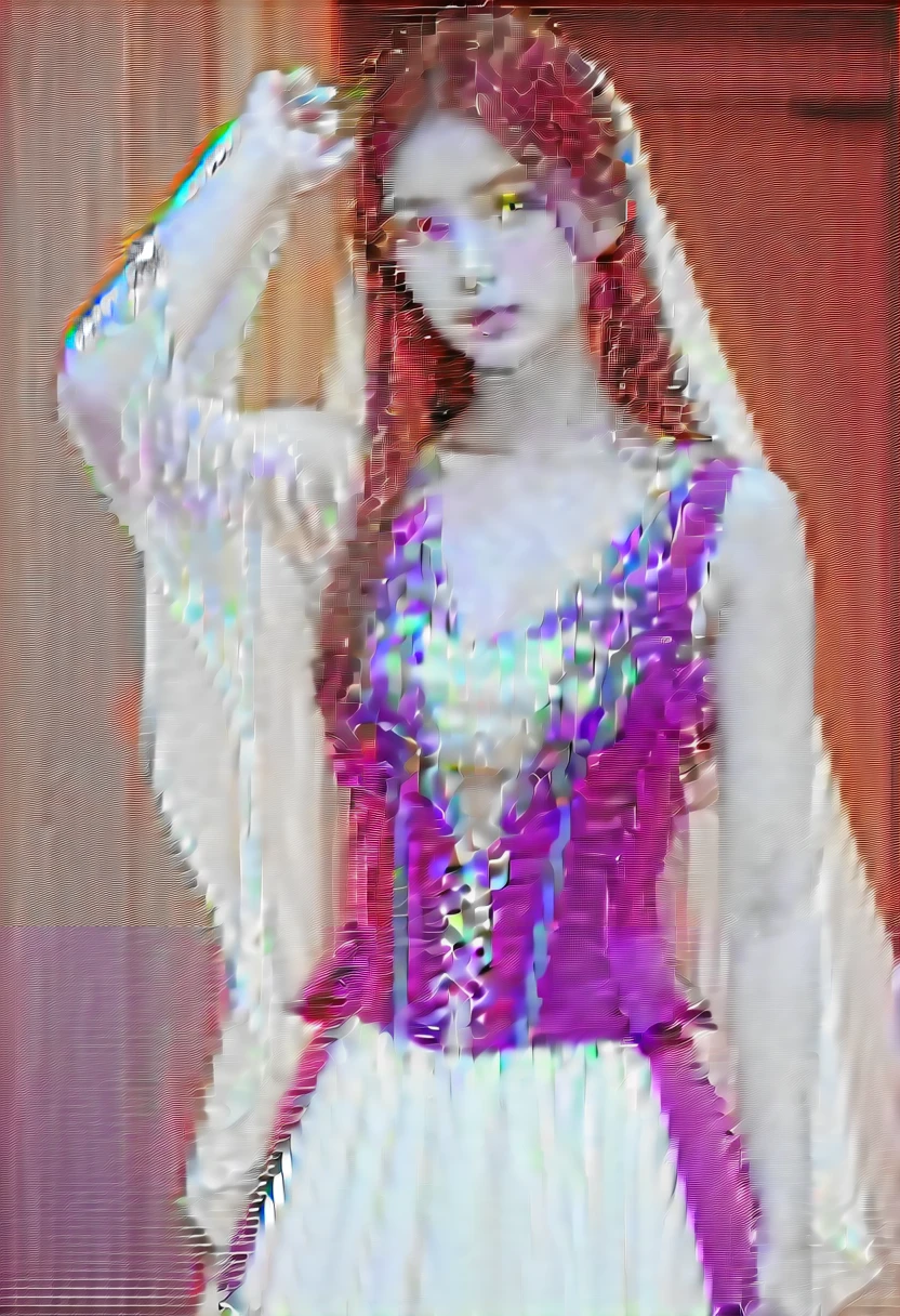 (best quality,4k,8k,highres,masterpiece:1.2), ultra-detailed, (realistic,photorealistic,photo-realistic:1.37),((Highly detailed CG Unity 8k wallpaper)), masterpiece, Super detailed, floating, High resolution, Sexually suggestive, (small, Extremely long white hair, Princess, White Mage, blue eyes, (It has long, wide sleeves and intricate embroidery. A gorgeous layered long dress in white and red with a sheer look), Bridal Veil, Circlet, Bridal Gauntlet, Blushing, shy, arched back, Frilled petticoat, Glamorous corset,
