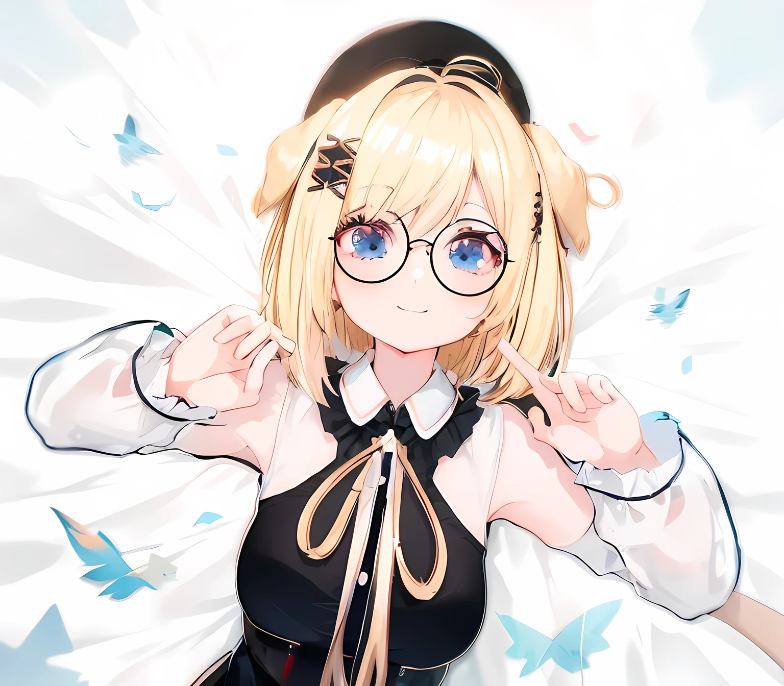 blonde anime girl in a short black skirt and white shirt with blue eyes, wearing round glasses, have a cute brown dog ears, cute smile, look at camera, render of a cute 3d anime girl, anime styled 3d, hanayamata, small curvy , realistic anime 3 d style, 3d anime girl, anime moe artstyle, vrchat, , anime style. 8k, stylized anime, render of april, shikamimi, at a park