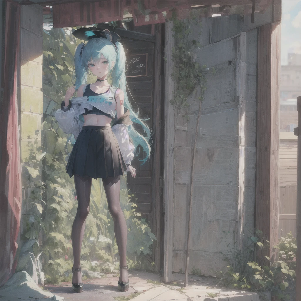 (QUALITY:0)
8k, 8k wallpaper, (an extremely delicate and beautiful:1.1), (beautiful detailed eyes:1.3), (best illustration:1.1), (best quality:1.3), (best shadow:1.1), (cinematic lighting:1.2), detailed eyes, (detailed_light:1.1), (dreamy:1.1), (extremely detailed CG unity 8k wallpaper:1.1), highres, (masterpiece:1.3), official_art, ray tracing, (stylized:1.3), trending on artstation, (ultra_detailed:1.2)
(STYLE & COMPOSITION:0)
1girl, (from_below, full_body:1.4), solo
(POSE & EXPRESSION:0)
blush, head_tilt, legs_apart, lips_apart, looking_at_viewer, standing, unamused
(CHARACTER:0)
aqua_eyes, aqua_hair, aqua_twintails, argyle_pantyhose, black_pantyhose, bare_shoulders, black_shirt, black_sirt, breasts_apart, crop_top, cropped_shirt, collarbone, Hatsune_Miku, high_heels, high-waist_skirt, lips, long_sleeves, makeup, (messy_hair:1.2), plaid_skirt, shiny_hair, shrug_\(clothing\), (small_breasts:1.3), very_long_hair
(BACKGROUND:0)
(TEXTUAL INVERSION:0)