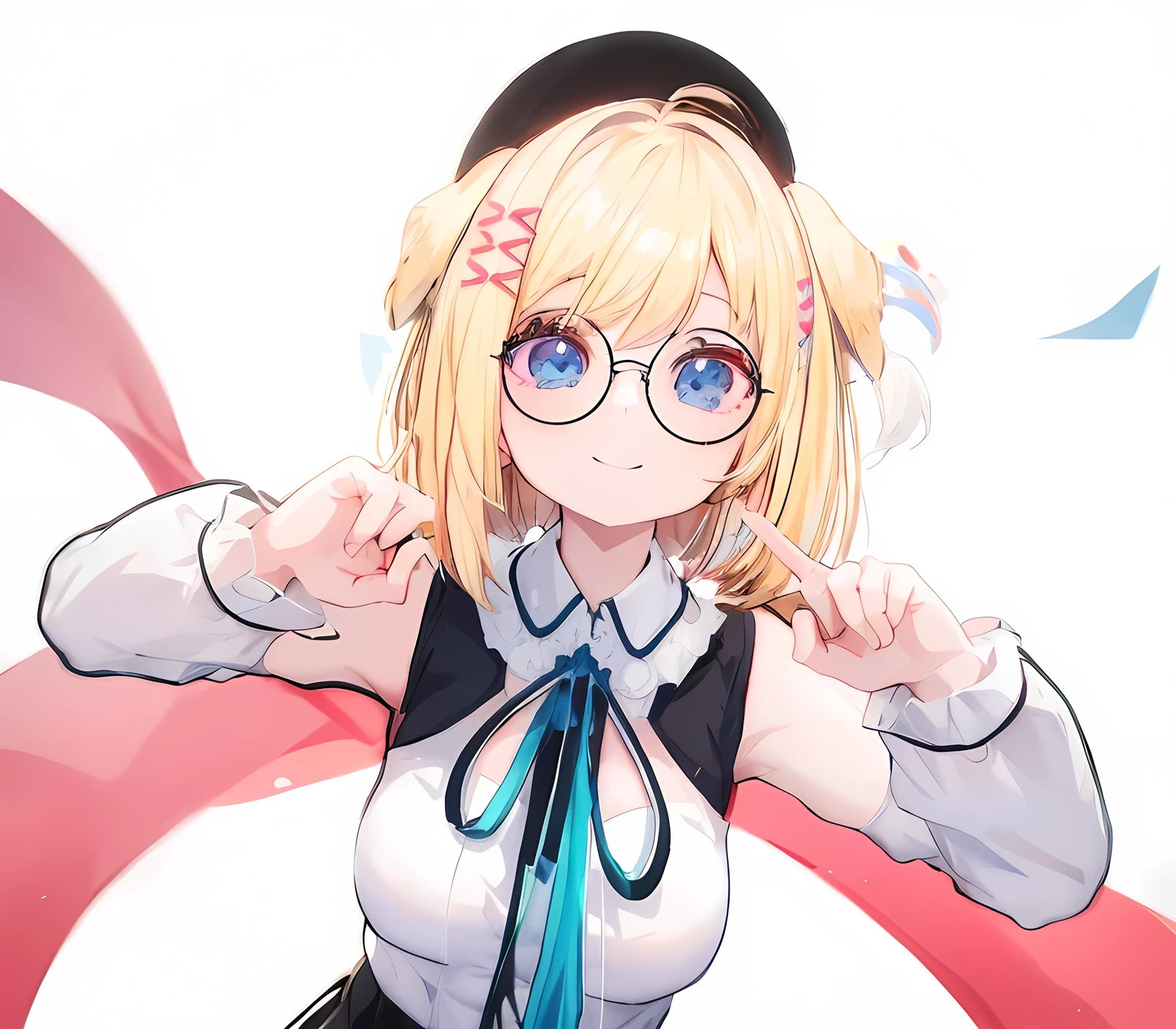 blonde anime girl in a short black skirt and white shirt with blue eyes, wearing round glasses, have a cute brown dog ears, cute smile, look at camera, render of a cute 3d anime girl, anime styled 3d, hanayamata, small curvy , realistic anime 3 d style, 3d anime girl, anime moe artstyle, vrchat, , anime style. 8k, stylized anime, render of april, shikamimi, at a park