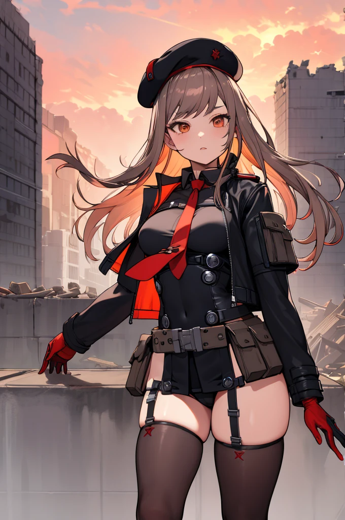 masterpiece, best quality, highres, aarapi, long hair, beret, black headwear, red necktie, black shirt, black leotard, black jacket, cropped jacket, open clothes, long sleeves, gloves, pouch, ammunition belt, black thighhighs, standing, cowboy shot, ruins, building,