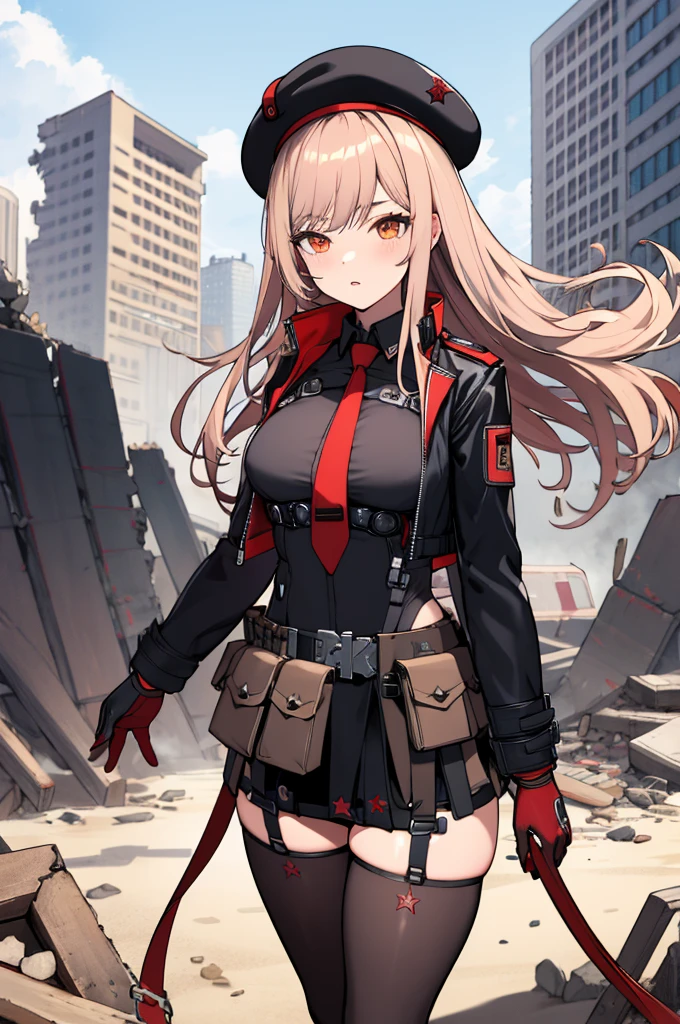 masterpiece, best quality, highres, aarapi, long hair, beret, black headwear, red necktie, black shirt, black leotard, black jacket, cropped jacket, open clothes, long sleeves, gloves, pouch, ammunition belt, black thighhighs, standing, cowboy shot, ruins, building,