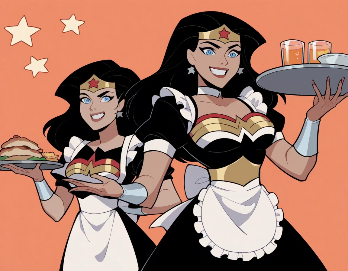 dianaprince, diana prince, blue eyes, black hair, 1 girl, 
maid outfit, jewelry, star \(symbol\), star print, superhero, maid tiara, maid apron, very happy, Big smile, Tray, cassino stage