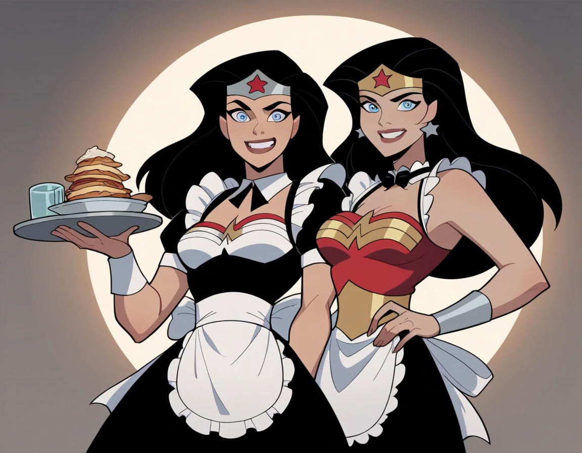 dianaprince, diana prince, blue eyes, black hair, 1 girl, 
maid outfit, jewelry, star \(symbol\), star print, superhero, maid tiara, maid apron, very happy, Big smile, Tray, cassino stage