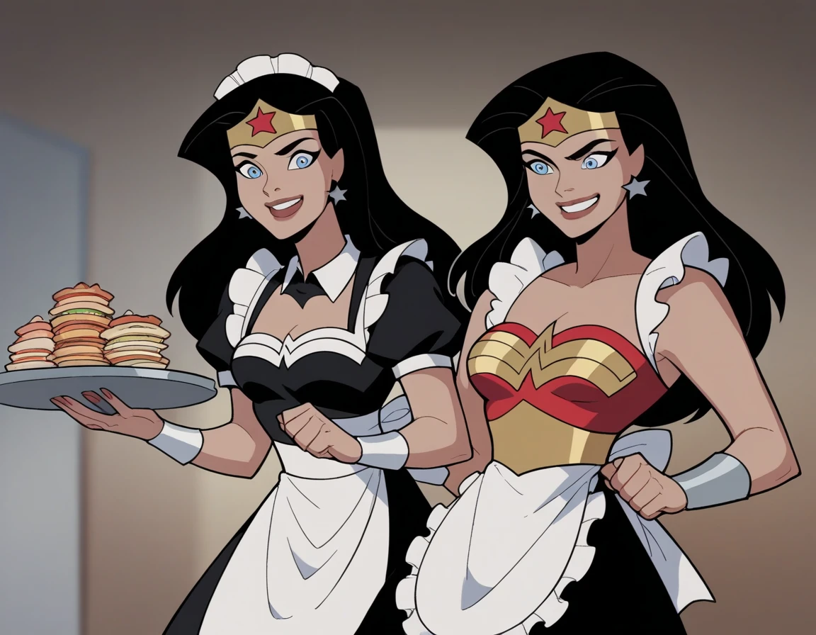 dianaprince, diana prince, blue eyes, black hair, 1 girl, 
maid outfit, jewelry, star \(symbol\), star print, superhero, maid tiara, maid apron, very happy, Big smile, Tray, cassino stage