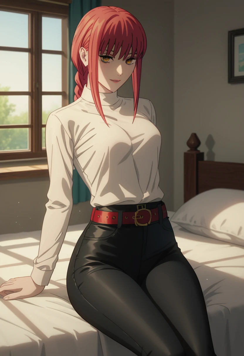 score_9_up, score_8_up, score_7_up, 1girl, solo, mature female, ((Makima)), ((red braided hair)), yellow eyes, pink lips, fit slim body,(((perfect erected medium breast))) (((white shirt, black tight pants, belt))), (((highly detailed bedroom, window, bed))), perfect fit model body, wide hips, seductive pose