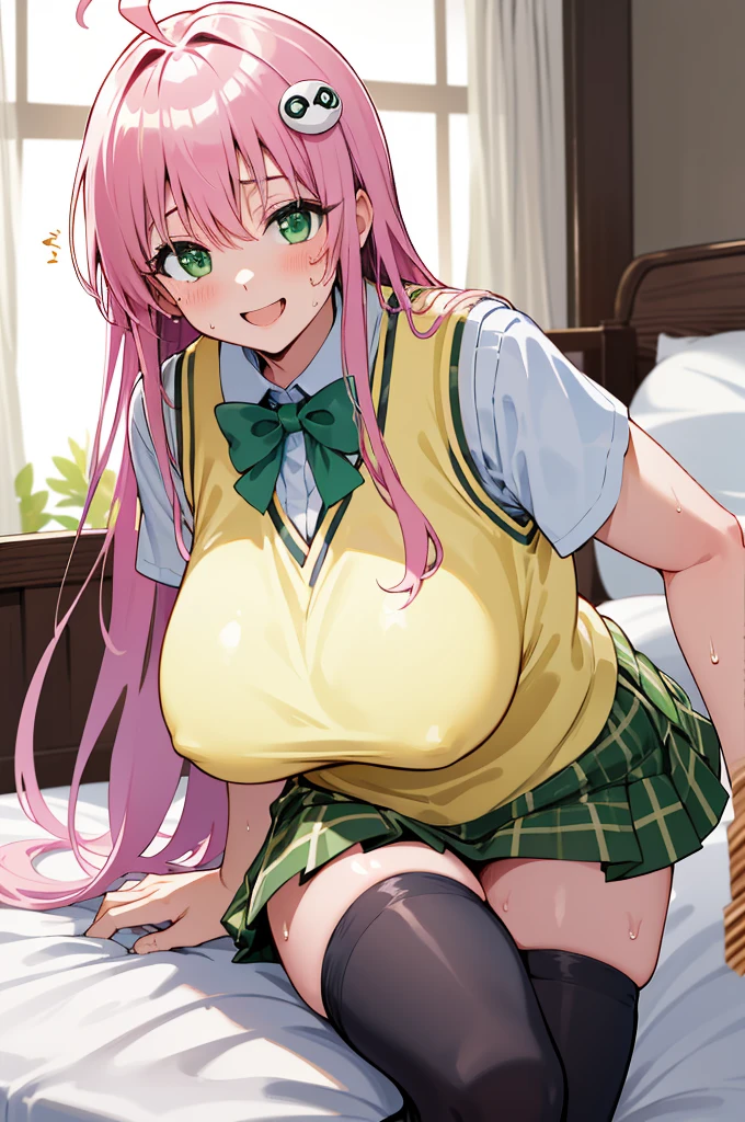 masterpiece, best quality, highres, aalala, long hair, ahoge, hair ornament, green eyes, breasts, , green bowtie, collared shirt, white shirt, sweater vest, yellow vest, short sleeves, plaid skirt, green skirt, (((huge breasts))), on bed,,looking viewer,black thighhighs,sweating,smile