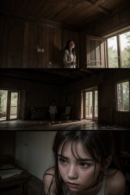 

Title: "The house of whispers"

Synopsis: On the outskirts of a small town, stands an old abandoned house that has been known for generations as "The house of whispers". A group of brave teenagers decide to defy local legends and spend the night at the house to prove their bravery.. However, They will soon discover that the whispers heard in their walls hold dark secrets that will challenge their sanity and their very existence..

characters:
1. carlos: The leader of the group, determined to prove his bravery.
2. Laura: The skeptic of the group, willing to find logical explanations.
3. Diego: The prankster who hides his fear with jokes.
4. Valeria: The sensitive one of the group, able to perceive the paranormal.
5. shadow: A mysterious presence lurking in the house.
6. Eco: The haunting whispers that seem to come from the walls themselves.

Viñeta 1:
The teenagers arrive at the House of Whispers at dusk, defying locals&#39; warnings.

Viñeta 2:
carlos lidera el grupo en la exploración de la casa, As the whispers begin to echo in your ears.

Viñeta 3:
Laura tries to rationalize the strange phenomena, but something disturbing makes her doubt his logical explanations.

Viñeta 4:
Diego tries to keep the group&#39;s spirits up with jokes, but his voice trembles slightly.

Viñeta 5:
Valeria entra en contacto con la presencia de shadow, feeling his cold breath on your neck.

Viñeta 6:
The whispers intensify until they become a deafening scream, revealing the terrifying truth behind the house of whispers