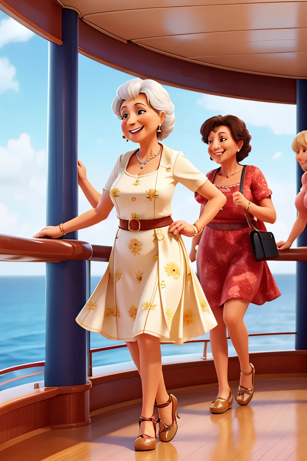 Five women around 60 years old, on a cruise dancing drinking happy with different body and height