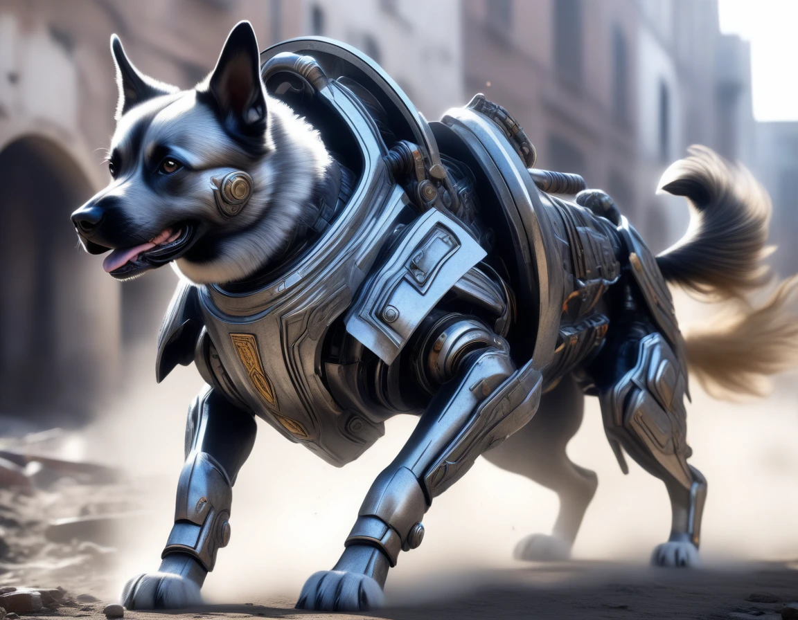 Ultra-realism, ((Masterpiece)), ((Best Quality)), (Very Detailed), ((Very Detailed)), 4K, (8K), very aesthetic, absurdres highres, Create highly textured mechanical dog artwork. This dog has a metallic sheen and realistic texture and is constructed with detailed mechanical elements. The colors are metallic gray and silver, with hints of rust, giving it an aged but advanced technological look. The background is simple and focuses on the intricacy and craftsmanship of the dog design, Design a combat-ready cybernetic dog equipped with powerful weapons, situated in an outdoor battlefield. The dog should have missile launchers on its back, laser guns on its front legs, and a shield on its shoulders. It should be slashing at enemies with its sharp claws while advancing and delivering powerful attacks. The background should depict a war-torn battlefield with destroyed buildings, action pose, dynamic angle, stylish look