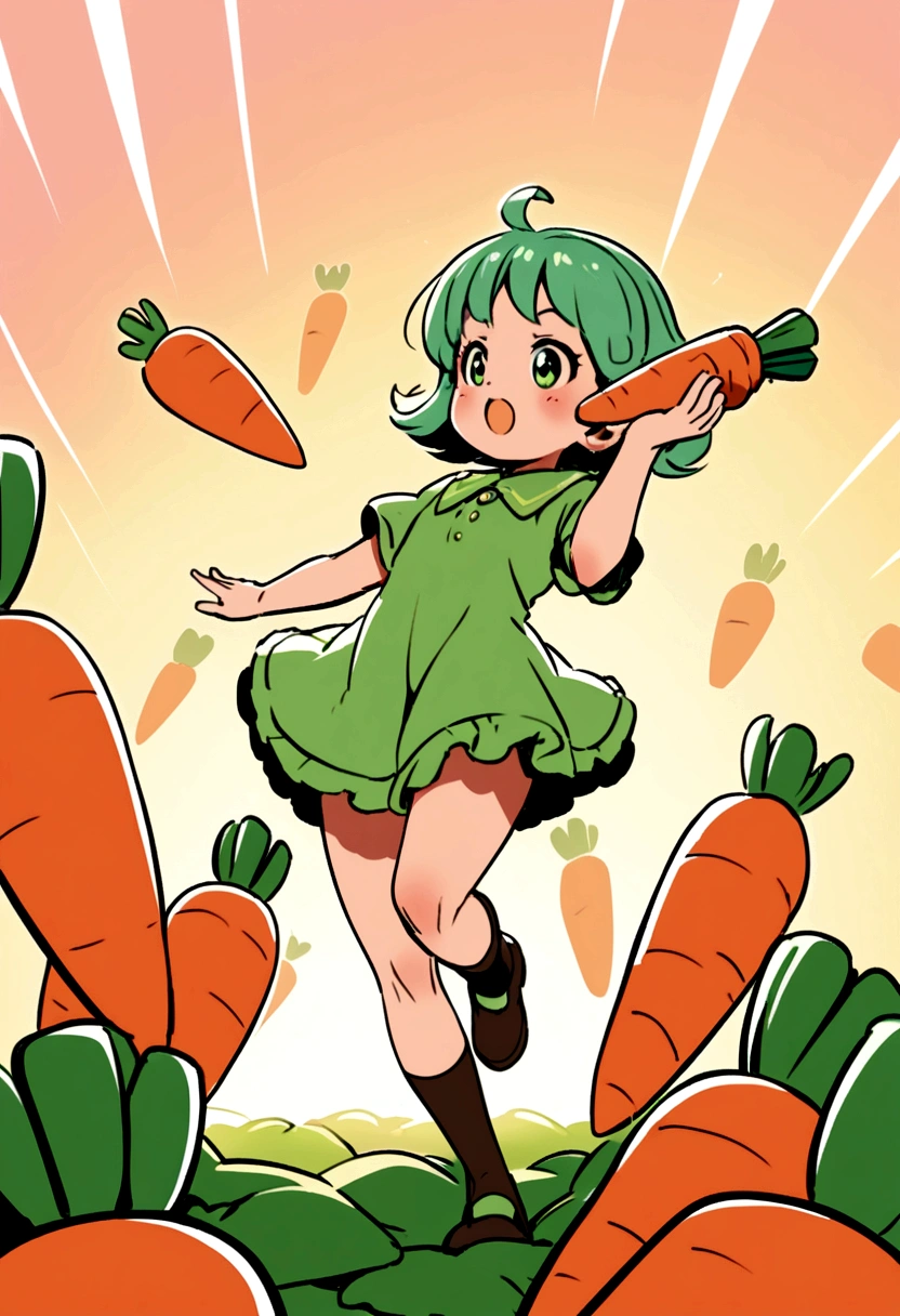a cute fairy flying over a pile of carrots, holding one carrot on her hand