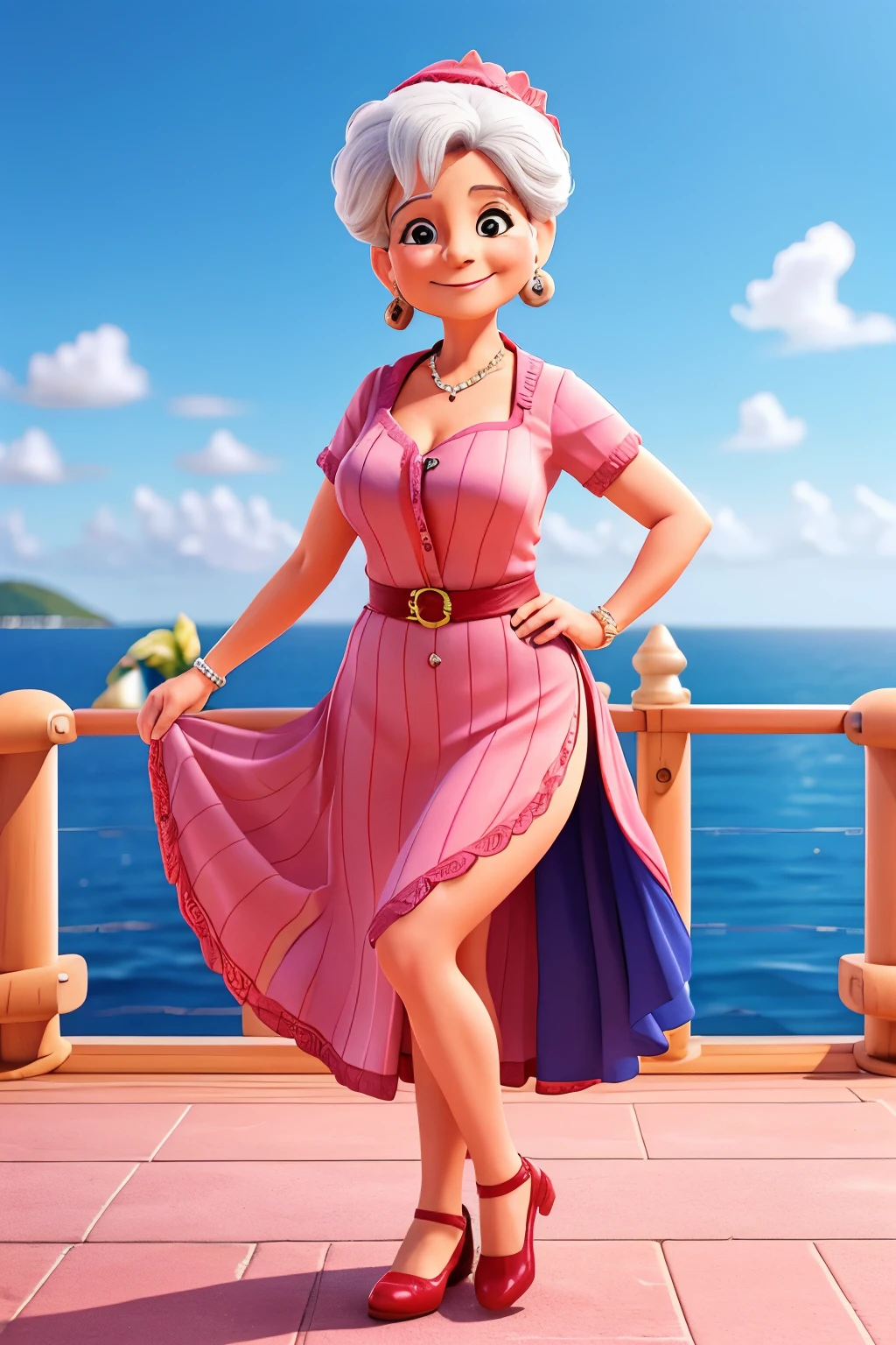 Five women around 60 years old, on a cruise dancing drinking happy with different body and height