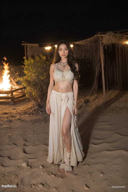 Western United States，Indian tribe in the desert，Night，Full body portrait, 8K, masterpiece, The most detailed, Highest quality, Perfect appearance. Too realistic, Create a fit, Indian woman, Feral，Perfect body，Charming eyes，Tan skin, muscle, bounce, (Long hair:1.3), indian ethnic costumes，Indian clothing，dark theme, Dense forest, night, dark,Bonfire in the background，indian tent