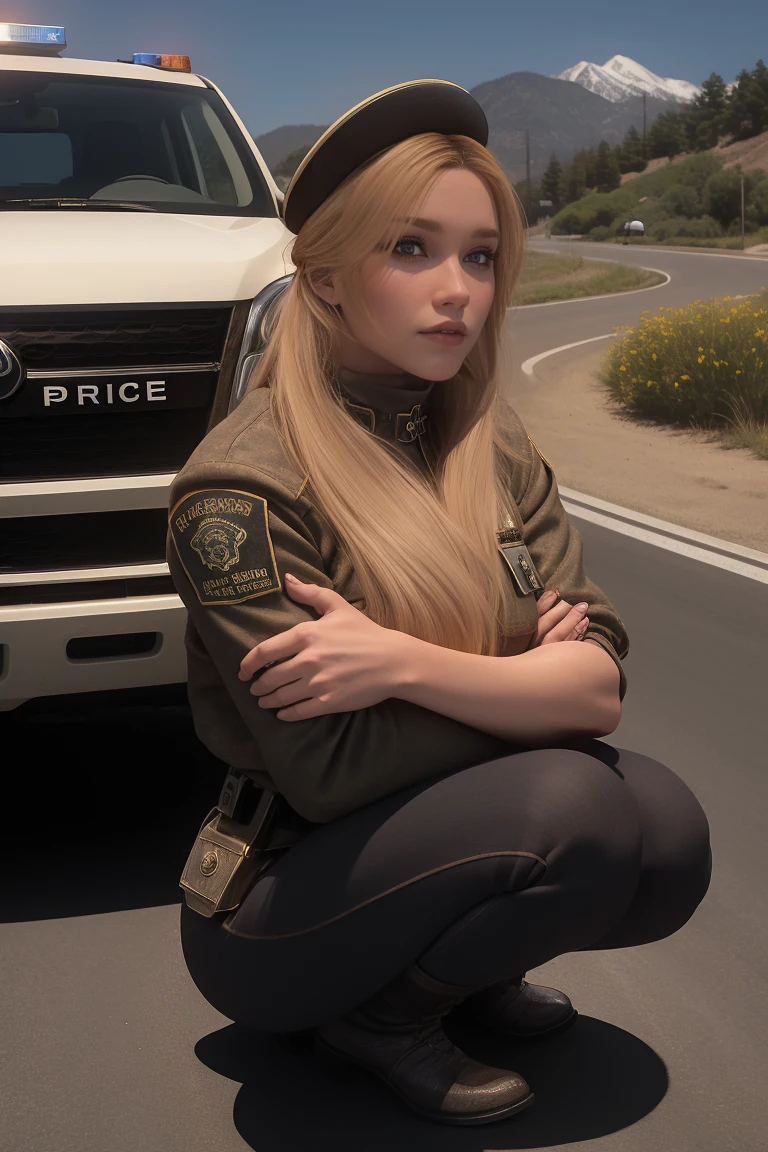 sfw, closeup portrait, masterpiece, 30 yo, beautiful female breton, police officer, squatting near Toyota pickup, (arresting a viewer:1.3), looking at the viewer, California outdoor background at daytime,